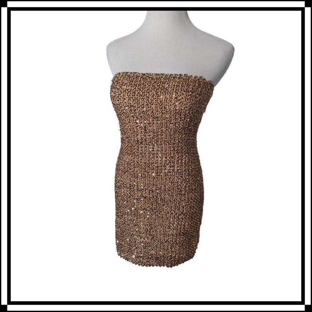 π₯π₯π₯ Fora GoldΒ Ribbon/Sequin Elastic Dress SzβM